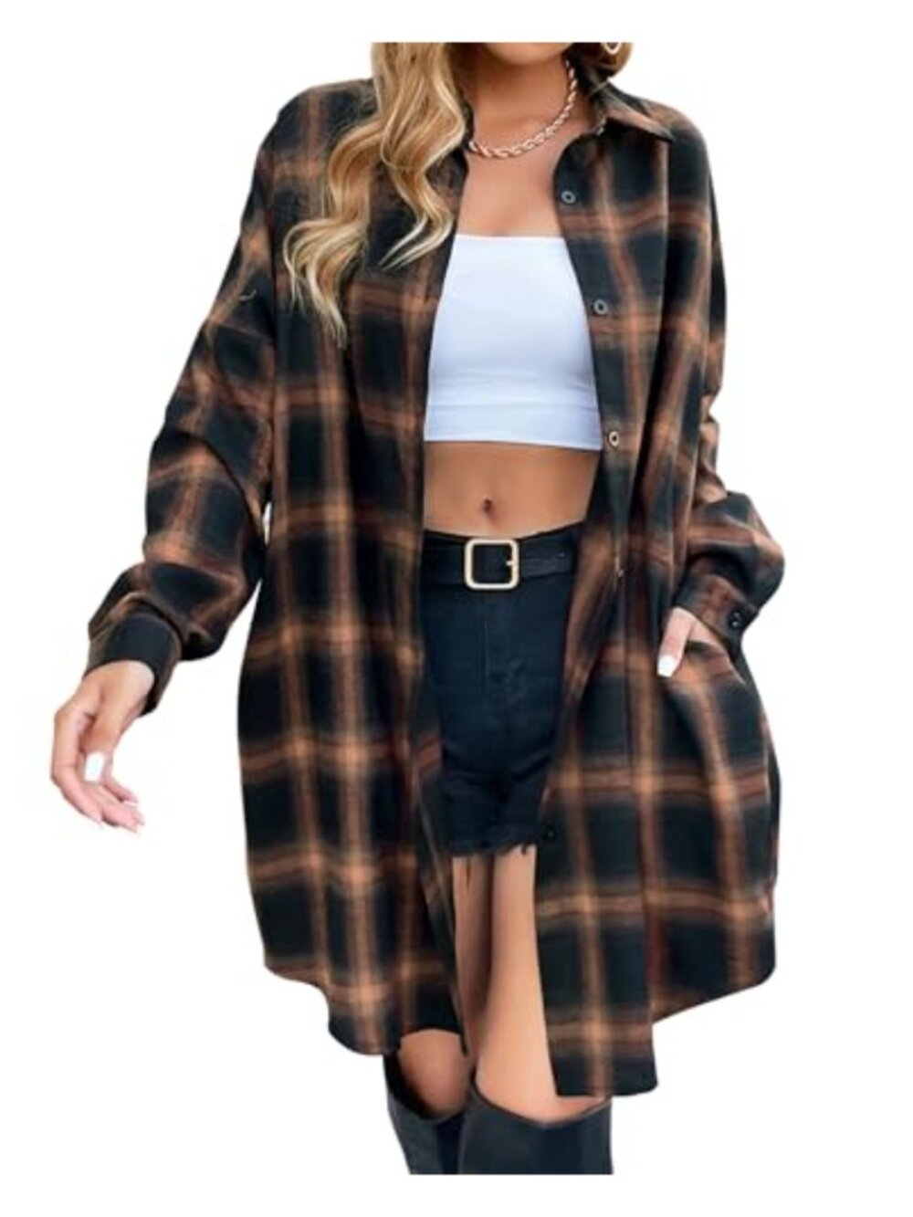 Plaid Flannel Button Down Shirt Long Sleeve Tunic Jacket Knee Length